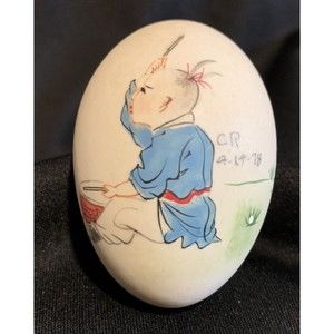 Chinese Japanese Egg Hand-Painted Real Egg Shell Signed   CR 4-14-78